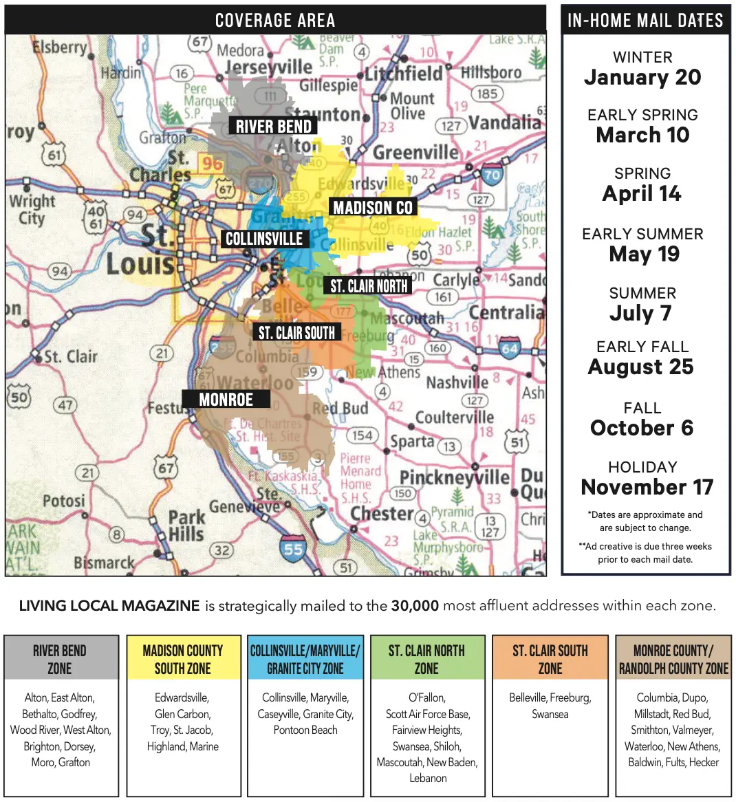 Living Local Magazine Zone Map and Mailing Dates 2025